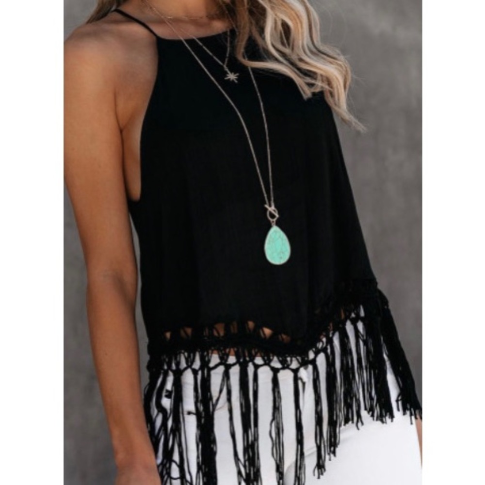 Black Tank With Fringed Hem - Picture 5 of 5